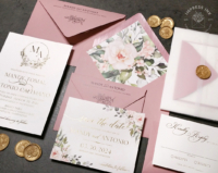 Gold Floral Wreath Invitation with Gold foil imprint, Dusty Rose envelopes with watercolor flower and greenery envelope liners