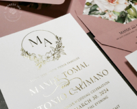Gold Floral Wreath Monogram Invitation with Gold foil imprint, Dusty Rose envelopes with watercolor flower and greenery envelope liners