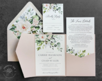 Floral Greenery Pocket Invitation with whimsical herbal greenery and pale blush floral pocket invitation suite with envelope liners