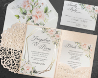 Blush Floral Lace Invitation with geometric gold foil border and rose laser cut pocket folder