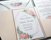 Geometric Coral Floral Invitation mounted inside a pocket folder