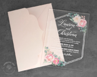 Coral Floral Acrylic Invitation with geometric hexagon border and pink folder
