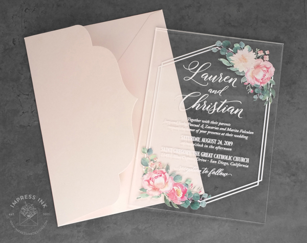 Coral Floral Acrylic Invitation with geometric hexagon border and pink folder
