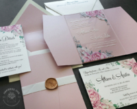 Pink Peony Acrylic Invitation on clear card with blush folders
