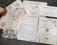 Rose Gold Lace Invitation with blush pink floral envelope liners and laser cut pocket folder