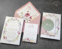 Wildflower Oval Wreath Invitation with gold foil accents and pink envelopes