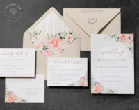 Coral Peach Floral Invitation with watercolor greenery and beige envelopes. Subtle pinstripe envelope liners.