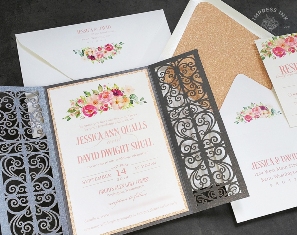 Bright Coral Floral Invitation with pink and peach watercolor flowers in a gray laser cut gate folder