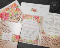 Vibrant Floral Lace Invitation with bright pink and coral flowers in a laser cut floral lace pocket folder