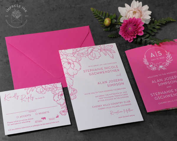 Fuchsia Floral Letterpress Invitation with letterpress imprint and hot pink envelopes