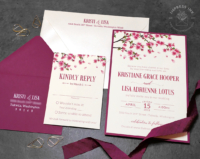 Magenta Cherry Blossom Invitation with spring cherry blossom tree in Fuchsia pink cascading across the top of the card.