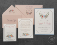Rustic Floral Antler Invitation with blush pink flowers and nude shimmer envelopes