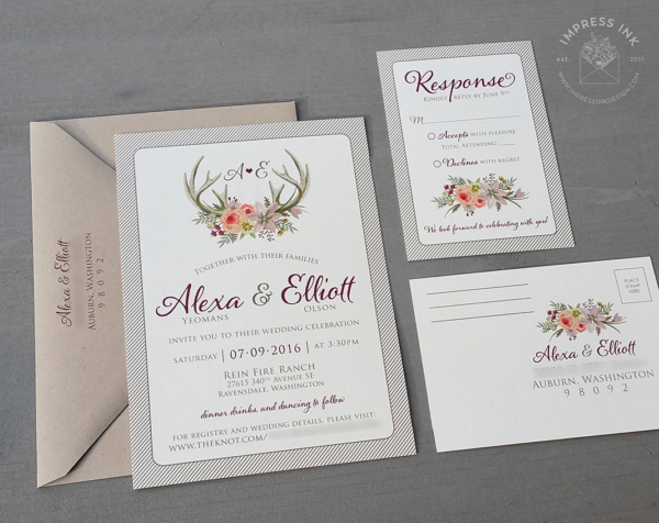 Rustic Floral Antler Invitation - Sample 114 - Image 2