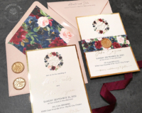 Floral Monogram Wreath Invitation with watercolor flowers in Navy, Burgundy, and blush pink.