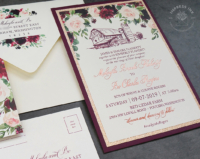 Burgundy Floral Barn Invitation with copper foil imprint