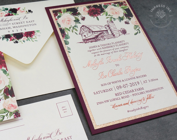Burgundy Floral Barn Invitation with copper foil imprint