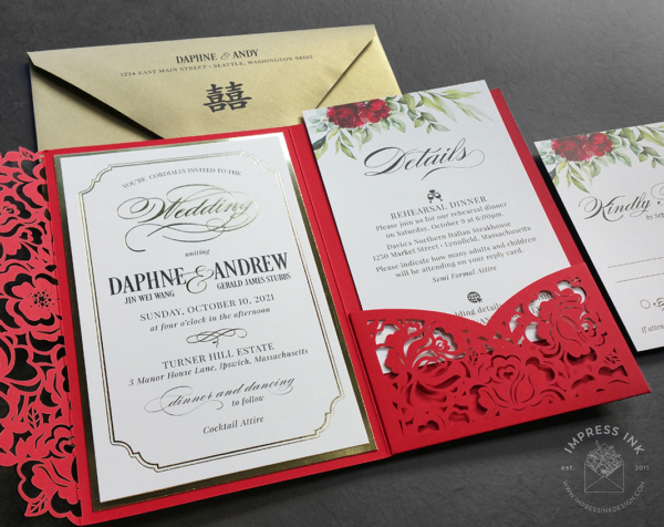 Red Laser Cut Invitation with gold foil imprint and floral greenery details cards