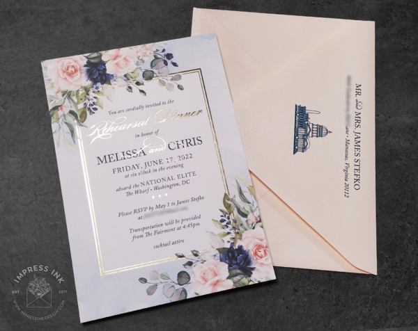 Floral Navy Blush Invitation with watercolor background and shiny gold foil border