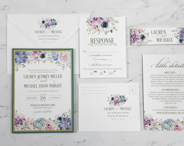 Pastel Floral Succulents Invitation with a muted rainbow of flowering succulents