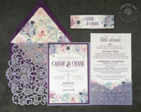 Succulents Laser Cut Invitation with a muted rainbow of flowering succulents in a lavender laser cut pocket folder