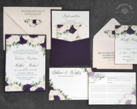Eggplant Blush Floral Invitation with watercolor roses and peony flowers in shades of light blush pink and deep eggplant purple.