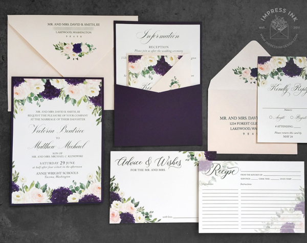Eggplant Blush Floral Invitation with watercolor roses and peony flowers in shades of light blush pink and deep eggplant purple.
