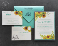 Rustic Floral Sunflower Invitation with teal accents and matching reply postcards