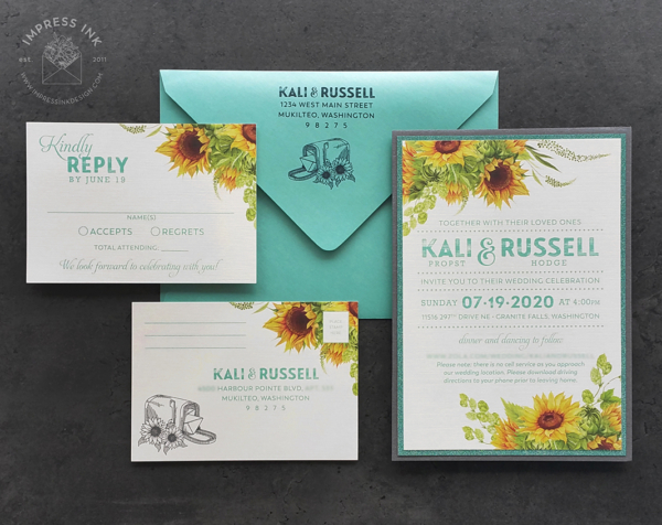 Rustic Floral Sunflower Invitation with teal accents and matching reply postcards