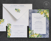 Amalfi Lemons Flat Invitation with blue Italian tile border