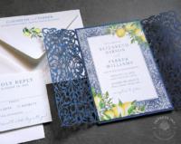 Amalfi Lemons Watercolor Invitation with blue tile border and ornate laser cut gate folder