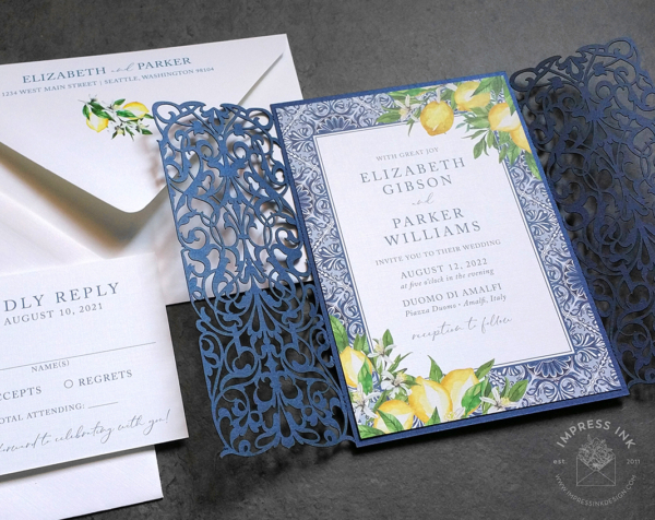 Amalfi Lemons Watercolor Invitation with blue tile border and ornate laser cut gate folder