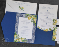 Amalfi Lemons Pocket Invitation with blue tile border and Kyanite Blue pocket folder