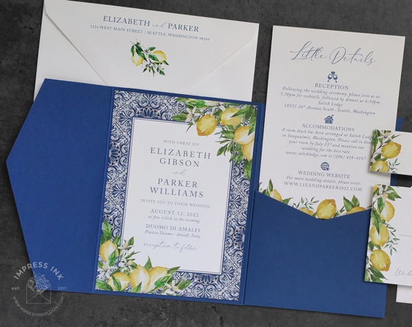 Amalfi Lemons Pocket Invitation with blue tile border and Kyanite Blue pocket folder