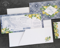 Lemon Boarding Pass Invitation with blue Italian tile background pattern, matching folder and reply cards