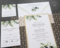 Tropical Palms Greenery Invitation in a laser cut folder