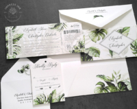 Tropical Palms Ticket Invitation with green palm leaves printed on a boarding pass style invitation with matching folder