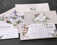 Nautical Boarding Pass Invitation in neutral beige tones with anchor and ship wheel