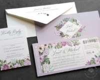 Lavender Boarding Pass Invitation with tropical Hawaiian florals