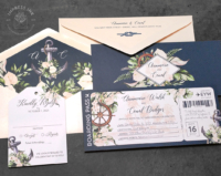 Navy Nautical Ticket Invitation with blush accents, watercolor anchor and ship wheel