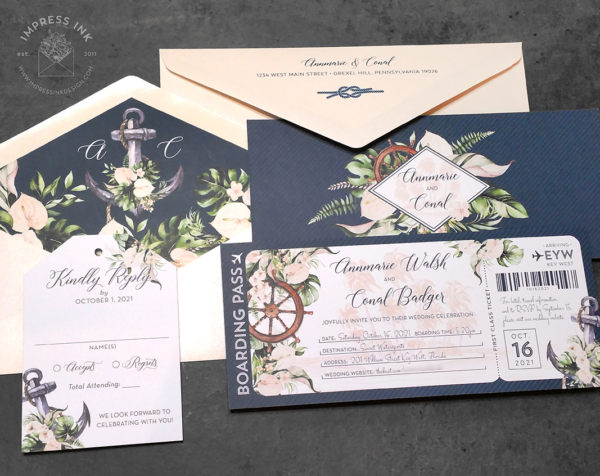 Navy Nautical Ticket Invitation with blush accents, watercolor anchor and ship wheel