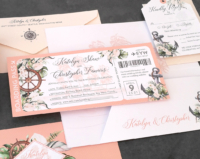 Coral Nautical Ticket Invitation with boarding pass design, tropical palms, watercolor anchor and ship wheel