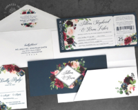 Floral Boarding Pass Invitation in shades of navy and burgundy, matching folder and reply cards