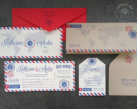 Travel Boarding Pass Invitation with vintage airmail theme, kraft paper folder and red envelopes