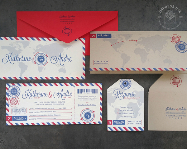 Travel Boarding Pass Invitation with vintage airmail theme, kraft paper folder and red envelopes
