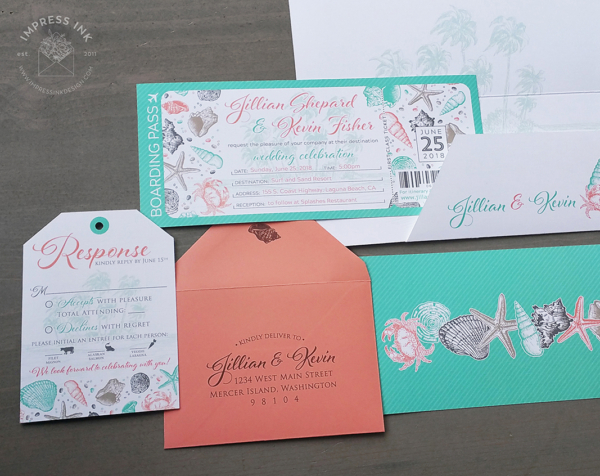Seashell Boarding Pass Invitation with tag reply cards and printed folders