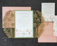 Seashell Beach Gatefold Invitation mounted inside a laser cut seashell folder