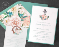 Turquoise Nautical Anchor Invitation with turquoise and coral pink flowers and watercolor nautical artwork