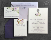 Purple Nautical Anchor Invitation with lavender and blush pink flowers and watercolor nautical artwork