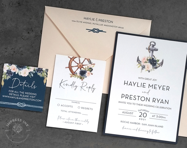 Floral Nautical Anchor Invitation with blush and navy flowers and watercolor nautical artwork