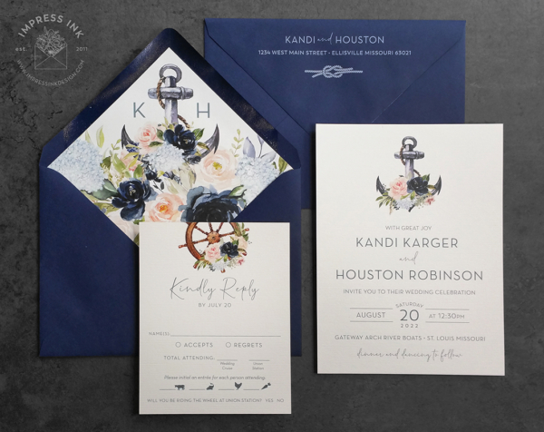 Floral Nautical Anchor Invitation with blush and navy flowers and watercolor nautical artwork